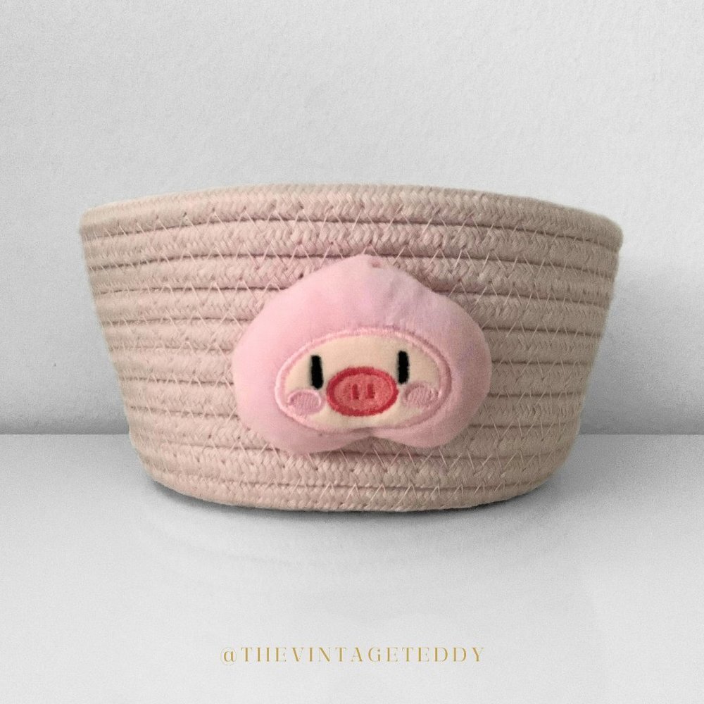 NWT Woven Fabric Rope Basket Storage Organizer Baby Nursery Kids Cute Pink Piggy